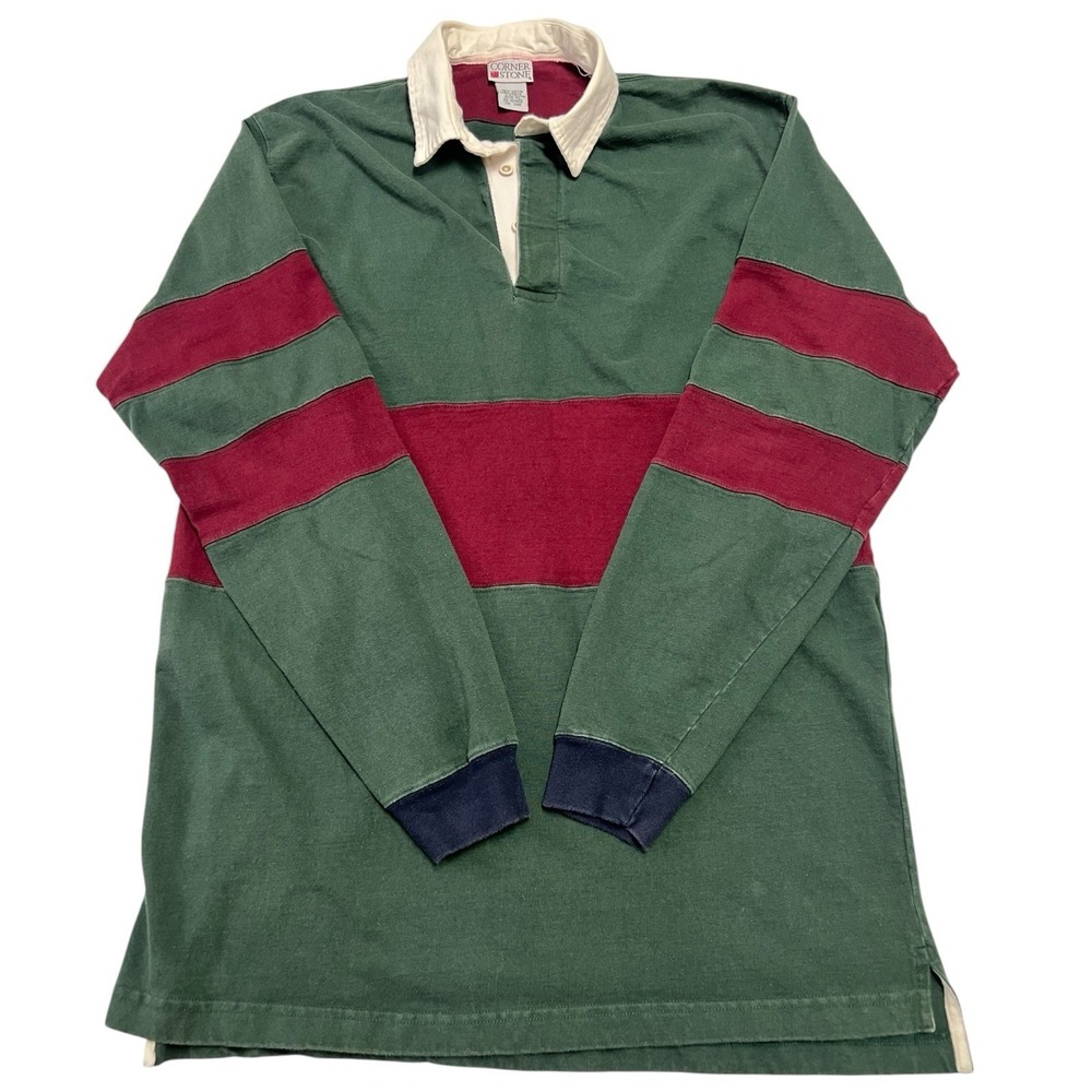 Vintage Cornerstone Men's XL Rugby Long Sleeve Shirt Green Maroon White 90's